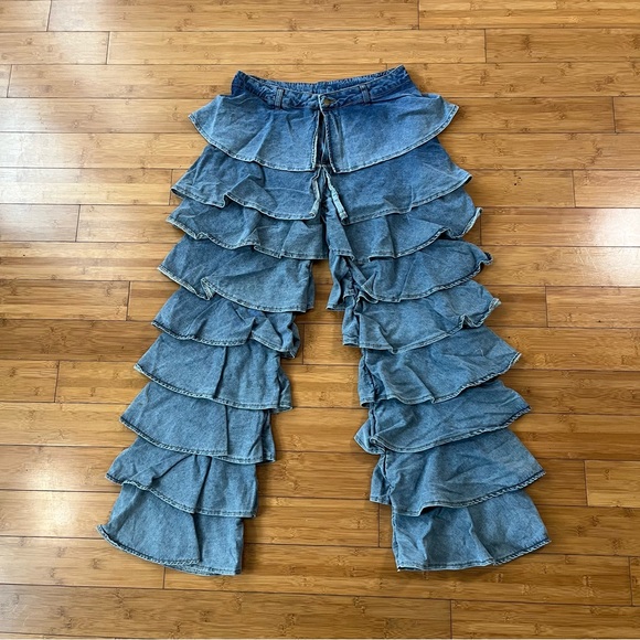 SHEIN Denim - Trendy 70s Western Boho Denim Ruffled Layered High Rise Flare Jeans - Inseam 32”